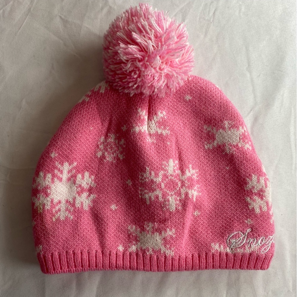 Snozu Pink And White Snowflake Beanie For Kids